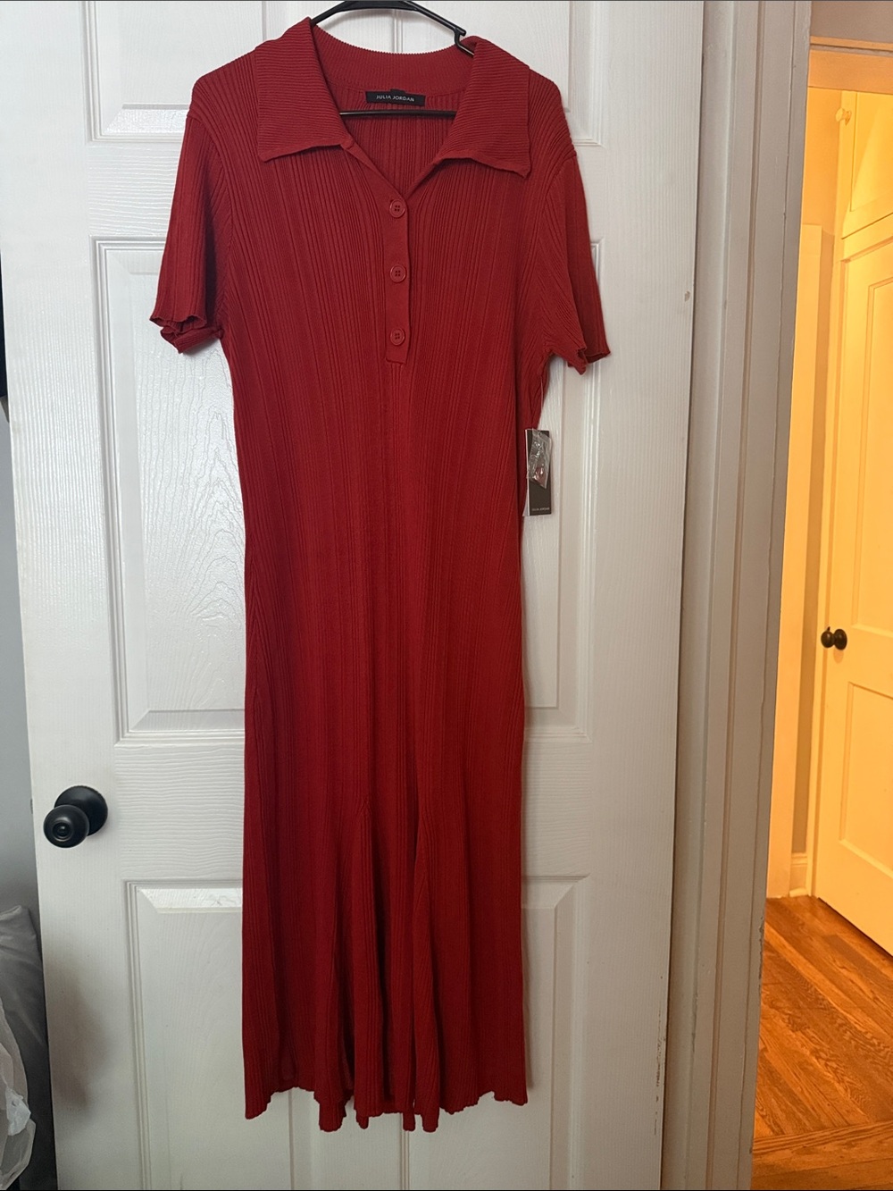 Ribbed Polo Maxi Dress in Burnt Red